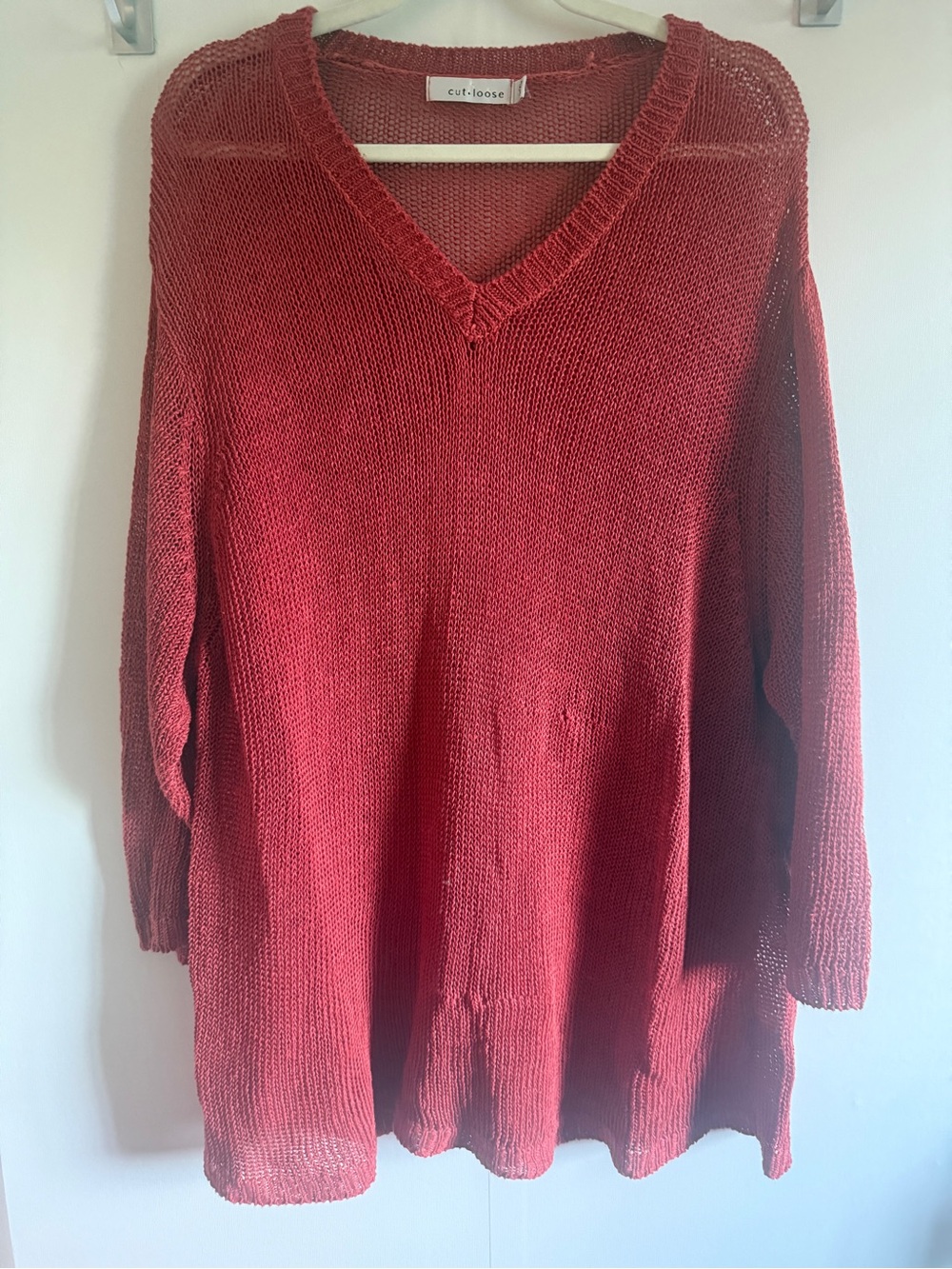 Cut Loose 100% Linen Open Knit Tunic Sweater Coral Red L XL Oversized